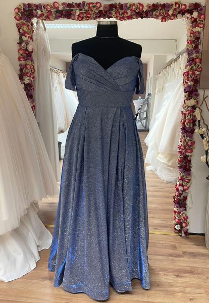 Abendkleid mit hochwertiger Glitzerstoff u. breitem Taillenband Beinschlitz in Silber u. Blau