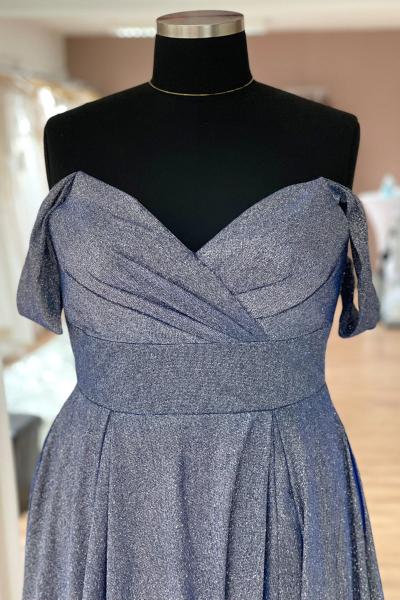 Abendkleid mit hochwertiger Glitzerstoff u. breitem Taillenband Beinschlitz in Silber u. Blau